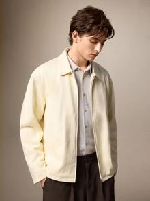 Calmiston Men's Solid Color Long Sleeve Zip-Up Casual Jacket - Apricot - View 9