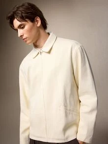 Calmiston Men's Solid Color Long Sleeve Zip-Up Casual Jacket - Apricot - View 5