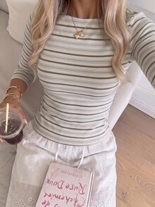 SHEIN EZwear 95%棉女款休閒修身條紋T恤，秋冬上衣，適合日常通勤、聚會、夏季、聖誕節、新年、感恩節、派對、婚禮、海灘、出遊、約會、情人節，優雅度假Y2K風 - 彩色 - 查看 6
