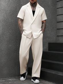 Manfinity CasualCool 大尺碼男士雙排扣翻領襯衫與長褲套裝，米色，夏季，休閒，城市度假，兩件式套裝，象牙色西裝，街頭風，老錢風，海灘穿搭，正式 - 米色 - 查看 6