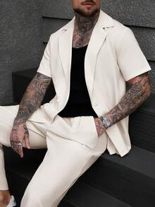 Manfinity CasualCool 大尺碼男士雙排扣翻領襯衫與長褲套裝，米色，夏季，休閒，城市度假，兩件式套裝，象牙色西裝，街頭風，老錢風，海灘穿搭，正式 - 米色 - 查看 3