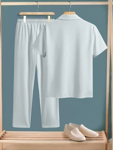 Manfinity CasualCool Men's Plus Size Casual Button-Up Short Sleeve Shirt And Pants Set, Ceremony - Light Grey - View 4