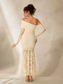 Cheriluna Maternity Elegant Lace Open Shoulder Sheer Long Sleeve Maternity Photography Dress/Gown - Apricot - View 3
