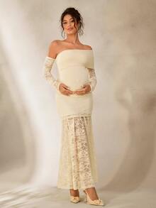 Cheriluna Maternity Elegant Lace Open Shoulder Sheer Long Sleeve Maternity Photography Dress/Gown - Apricot - View 5