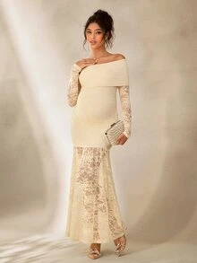 Cheriluna Maternity Elegant Lace Open Shoulder Sheer Long Sleeve Maternity Photography Dress/Gown - Apricot - View 7