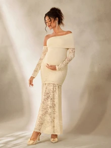 Cheriluna Maternity Elegant Lace Open Shoulder Sheer Long Sleeve Maternity Photography Dress/Gown - Apricot - View 2