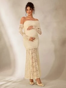 Cheriluna Maternity Elegant Lace Open Shoulder Sheer Long Sleeve Maternity Photography Dress/Gown - Apricot - View 4