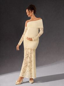 Cheriluna Maternity Elegant Lace Open Shoulder Sheer Long Sleeve Maternity Photography Dress/Gown - Apricot - View 1