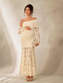 Cheriluna Maternity Elegant Lace Open Shoulder Sheer Long Sleeve Maternity Photography Dress/Gown - Apricot - View 6