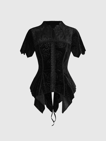 Goth Blusa in velluto vestibilità aderente con orlo asimmetrico, maniche a petalo e volant in stile gotico cortese