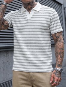 Manfinity CasualCool 男士條紋拼色休閒通勤短袖 Polo 衫 - 白色 - 查看 3