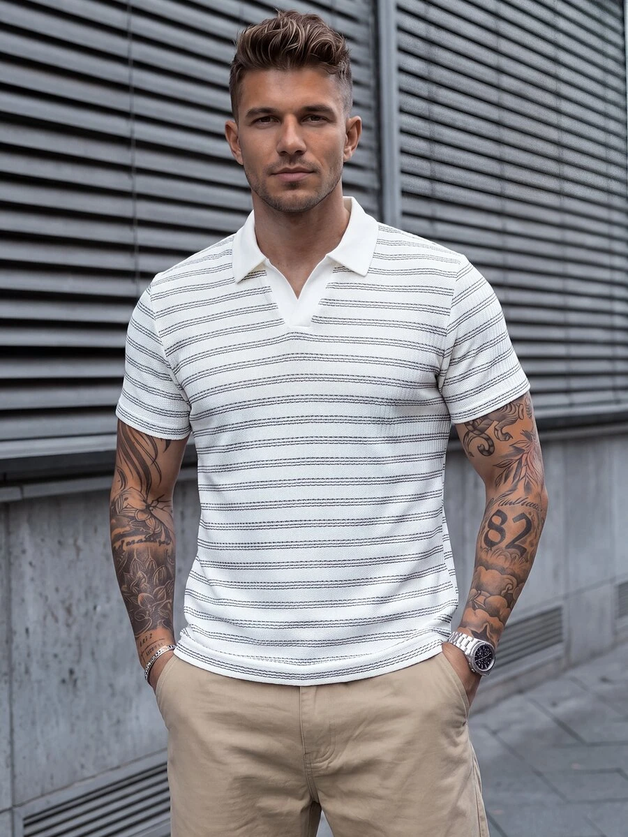 Manfinity CasualCool 男士條紋拼色休閒通勤短袖 Polo 衫 - 白色 - 查看 1