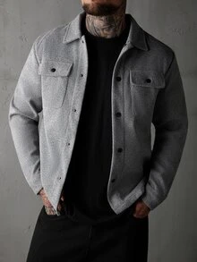 SLATEMANN Men Button Front Flap Pocket Going Out Casual Overcoat For Friends , Fall Winter - Grey - View 2