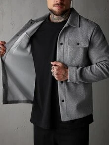 SLATEMANN Men Button Front Flap Pocket Going Out Casual Overcoat For Friends , Fall Winter - Grey - View 6