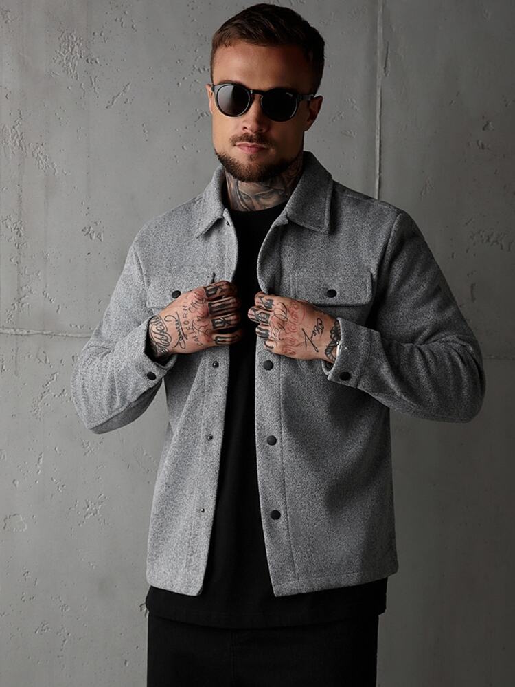 SLATEMANN Men Button Front Flap Pocket Going Out Casual Overcoat For Friends , Fall Winter - Grey - View 1