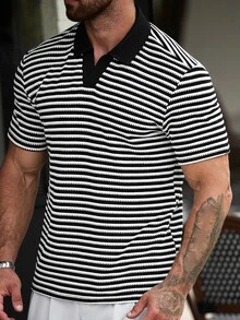 Manfinity CasualCool Men's Striped Short Sleeve Casual Commute Polo Shirt - Black - View 4