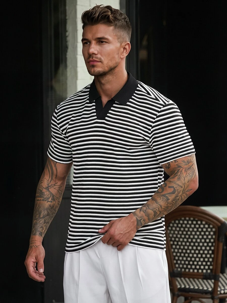 Manfinity CasualCool Men's Striped Short Sleeve Casual Commute Polo Shirt - Black - View 1