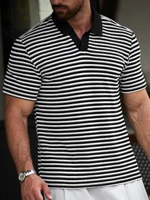 Manfinity CasualCool Men's Striped Short Sleeve Casual Commute Polo Shirt - Black - View 3