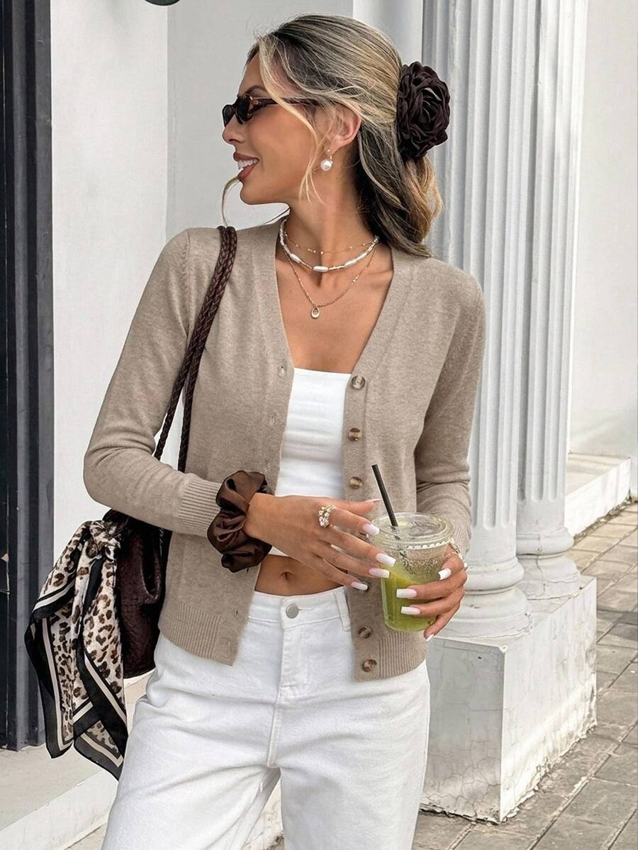 Serisse Women's Solid Color Single-Breasted Casual Long Sleeve Cardigan,Knitted Sweater In Autumn/ Office Business Khaki - Camel - View 1