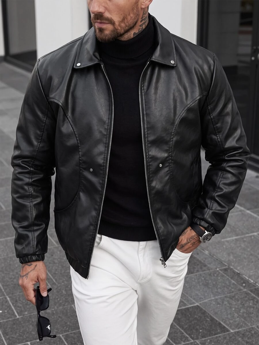 Manfinity CasualCool Men's Short Black PU Leather Jacket, Fall Winter, Vacation, Father's Day Gifts - Black - View 1