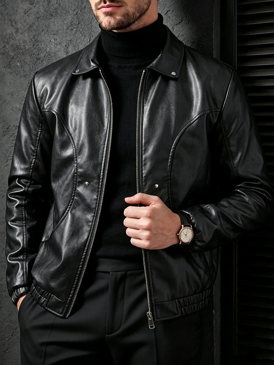 Manfinity CasualCool 男士黑色短款PU皮革夾克,秋冬度假穿搭,父親節禮物 - 黑色 - 查看 1