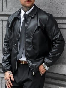 Manfinity CasualCool 男士黑色短款PU皮革夾克，秋冬度假穿搭，父親節禮物 - 黑色 - 查看 4