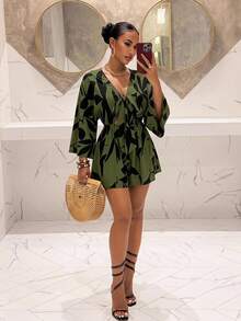 Slaydiva Size Women Holiday Casual V-Neck Loose Printed Jumpsuit With Tie Belt - Green - View 1