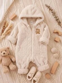 SHEIN Cute Cartoon Pattern Fuzzy One-Piece Jumpsuit For Baby Girls - Khaki - View 3