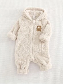 SHEIN Cute Cartoon Pattern Fuzzy One-Piece Jumpsuit For Baby Girls - Khaki - View 7