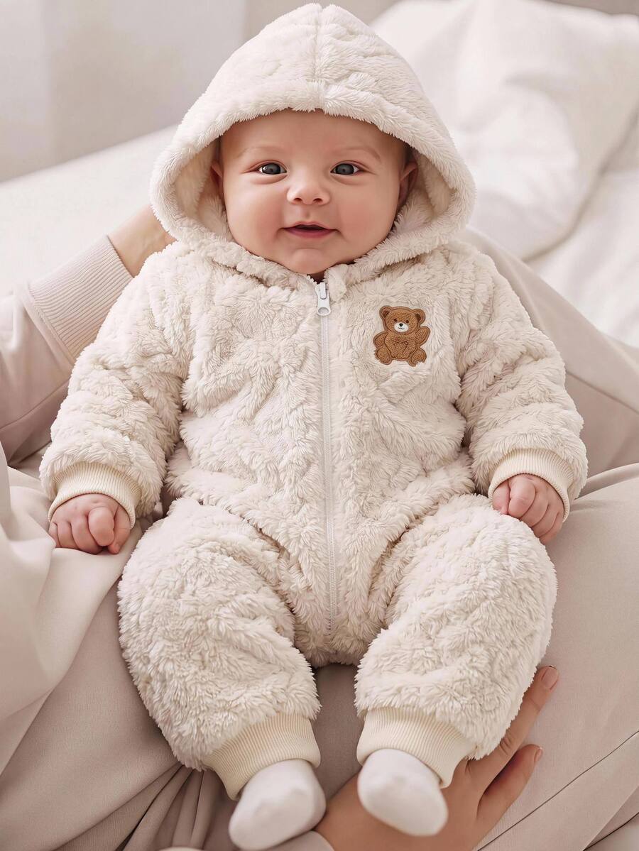 SHEIN Cute Cartoon Pattern Fuzzy One-Piece Jumpsuit For Baby Girls - Khaki - View 1