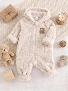 SHEIN Cute Cartoon Pattern Fuzzy One-Piece Jumpsuit For Baby Girls - Khaki - View 2