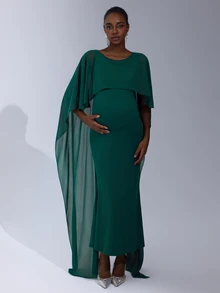 Cheriluna Maternity Solid Color Long Maternity Dress With Shawl Sleeves, Green Pleated - Green - View 6