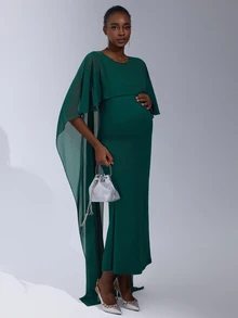 Cheriluna Maternity Solid Color Long Maternity Dress With Shawl Sleeves, Green Pleated - Green - View 7