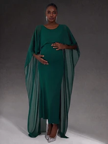 Cheriluna Maternity Solid Color Long Maternity Dress With Shawl Sleeves, Green Pleated - Green - View 1