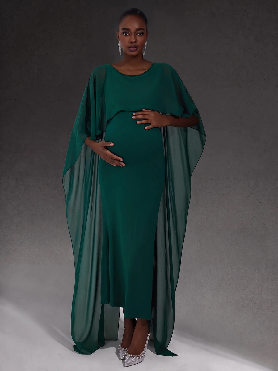Cheriluna Maternity Solid Color Long Maternity Dress With Shawl Sleeves, Green Pleated - Green - View 1