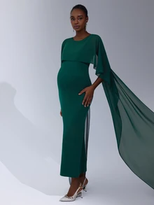 Cheriluna Maternity Solid Color Long Maternity Dress With Shawl Sleeves, Green Pleated - Green - View 8