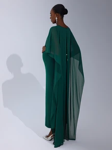 Cheriluna Maternity Solid Color Long Maternity Dress With Shawl Sleeves, Green Pleated - Green - View 5