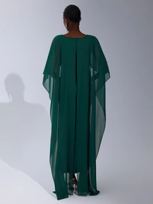 Cheriluna Maternity Solid Color Long Maternity Dress With Shawl Sleeves, Green Pleated - Green - View 3