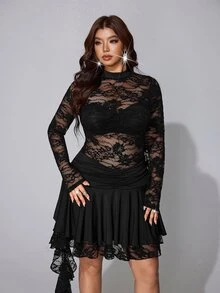 Viva Relle 大尺碼秋冬優雅性感蕾絲透視迷你緊身洋裝 - 黑色 - 查看 5