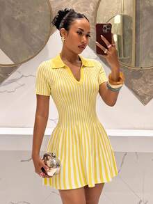 Slaydiva New Summer Elegant Party & Shopping Mini Polo Collar Striped Sweater Dress - Yellow - View 2