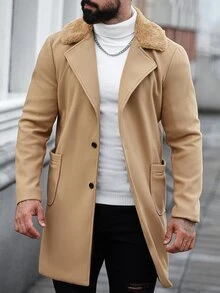 Manfinity CasualCool Men's Solid Color Single Breasted Casual Long Sleeve Overcoat, Fall/Winter, Fall, Winter Fleece Warm Thermal Lined Overcoat - Khaki - View 3
