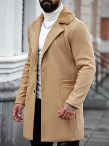 Manfinity CasualCool Men's Solid Color Single Breasted Casual Long Sleeve Overcoat, Fall/Winter, Fall, Winter Fleece Warm Thermal Lined Overcoat - Khaki - View 4