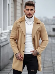 Manfinity CasualCool Men's Solid Color Single Breasted Casual Long Sleeve Overcoat, Fall/Winter, Fall, Winter Fleece Warm Thermal Lined Overcoat - Khaki - View 1