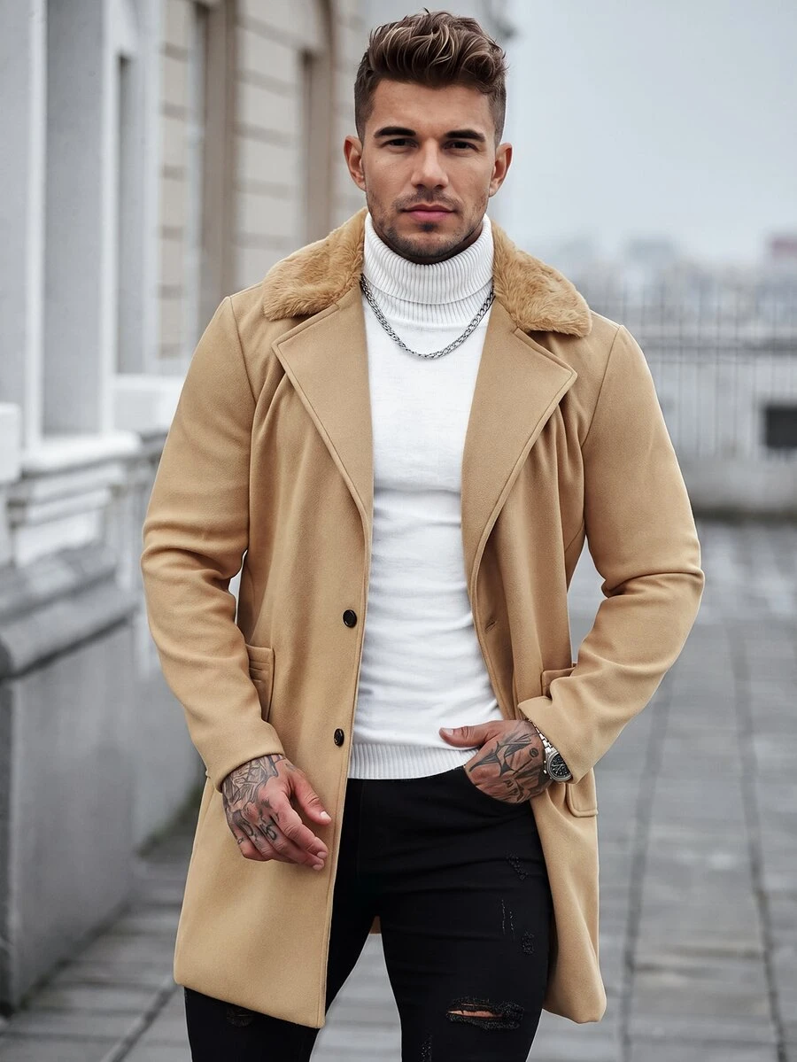 Manfinity CasualCool Men's Solid Color Single Breasted Casual Long Sleeve Overcoat, Fall/Winter, Fall, Winter Fleece Warm Thermal Lined Overcoat - Khaki - View 1