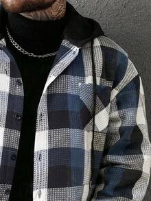 Manfinity CasualCool 男士休閒格紋連帽襯衫外套，秋季 - 藏蓝色 - 查看 4
