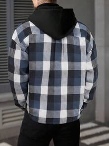 Manfinity CasualCool 男士休閒格紋連帽襯衫外套，秋季 - 藏蓝色 - 查看 3