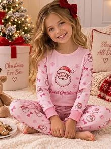 SHEIN 女童秋冬聖誕可愛時尚百搭派對長袖褲裝套裝，日常居家穿著，修身版型 - 彩色 - 查看 11