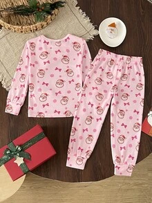 SHEIN 女童秋冬聖誕可愛時尚百搭派對長袖褲裝套裝，日常居家穿著，修身版型 - 彩色 - 查看 3