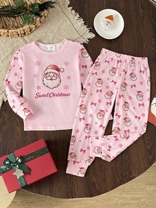SHEIN 女童秋冬聖誕可愛時尚百搭派對長袖褲裝套裝，日常居家穿著，修身版型 - 彩色 - 查看 2