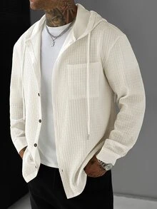 Manfinity CasualCool Men's Hooded Long Sleeve Jacquard Pure Polyester Fabric Shacket - White - View 3